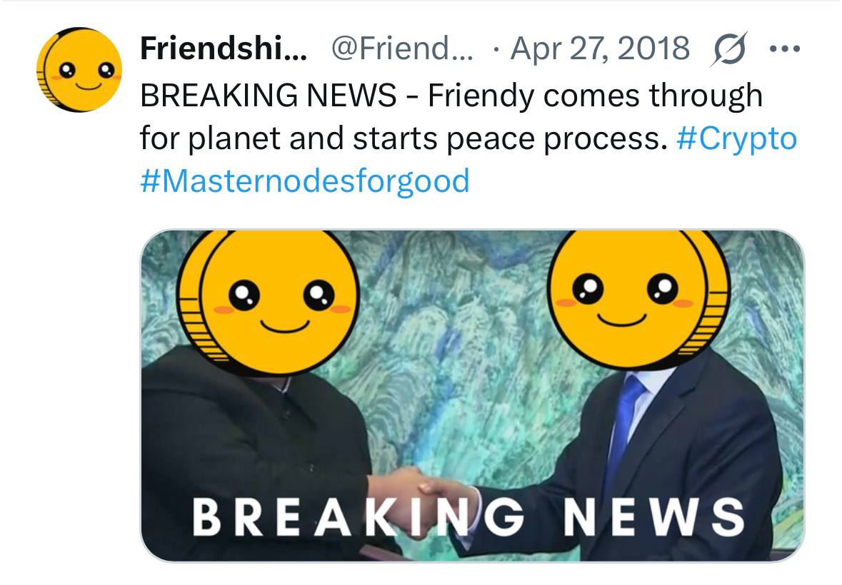 A humorous meme depicting Kim Jong-un and Donald Trump with smiling gold coin faces shaking hands, representing crypto peace.