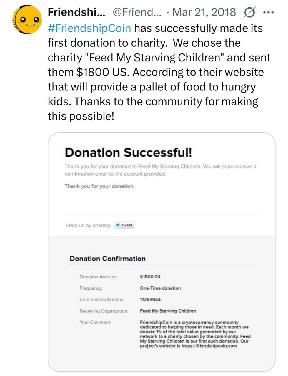 A Twitter post announcing FriendshipCoin's first charity donation to 'Feed My Starving Children', showing an $1800 confirmation.